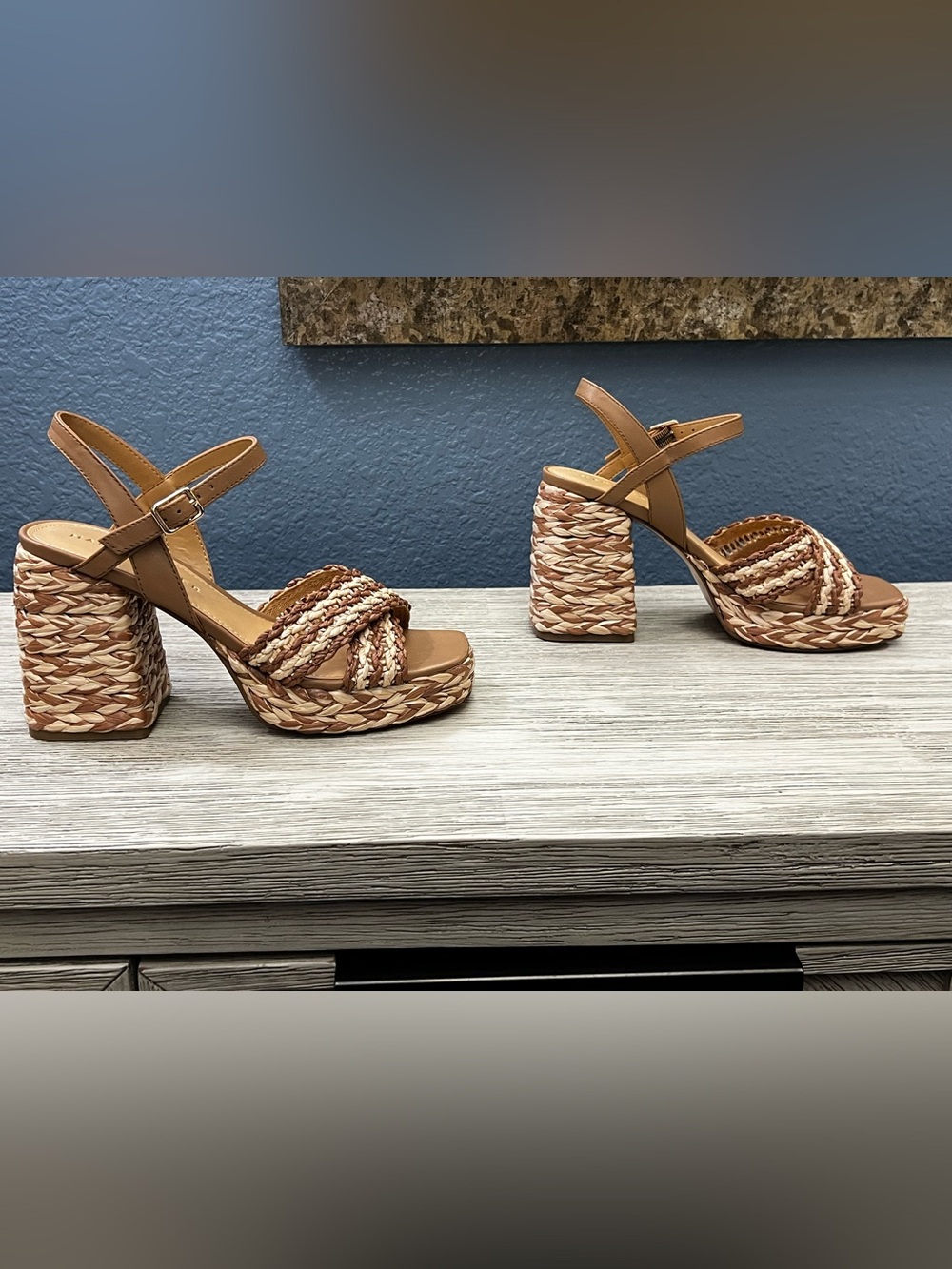 NEW!!! Marc Fisher Juliey Tan and Cream Braided Platform Sandals - Picture 3 of 7